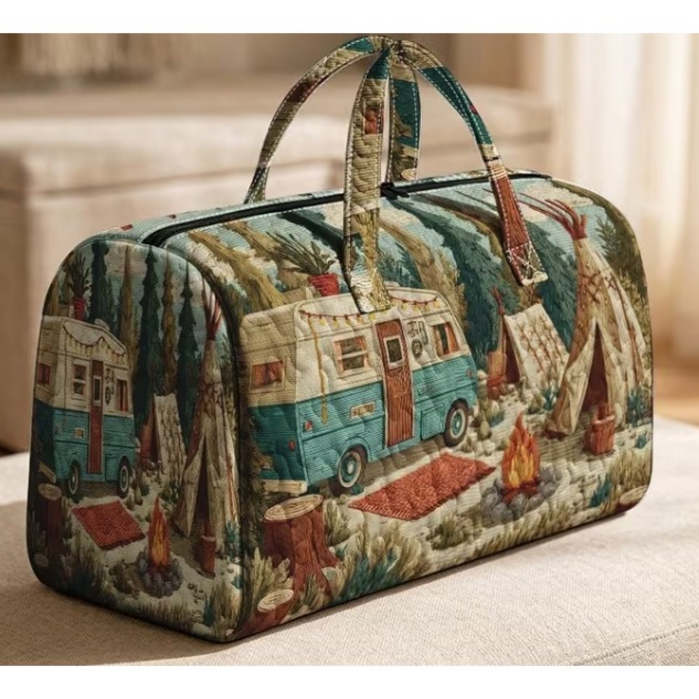 Large Multicolor Quilted Camping Print Duffel Bag Large - Picture 2 of 3